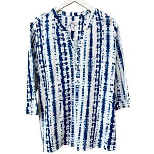 Denim & Co Womens Top Plus Size 1X Petite Blue Tie Dye Henley Tee 3/4 Sleeve